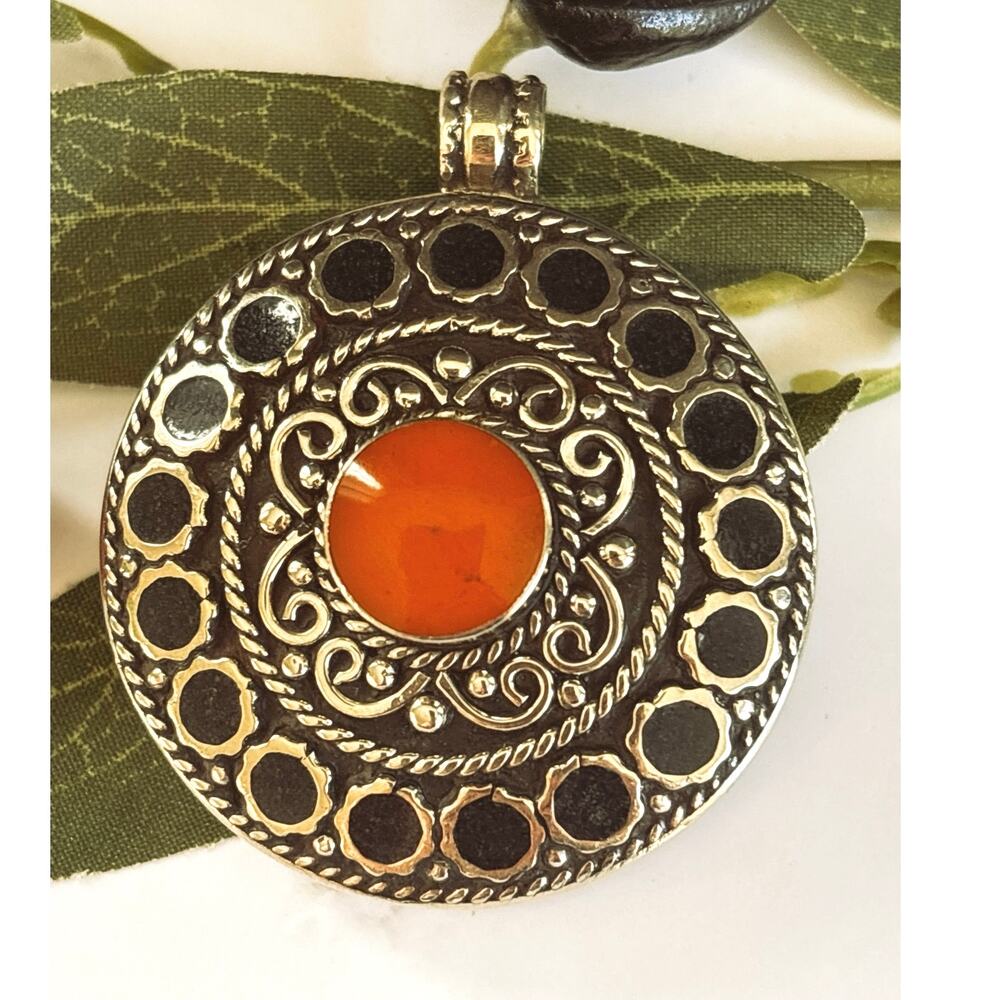 925 Silver Tibetan Orange Turquoise Black Onyx Pendant